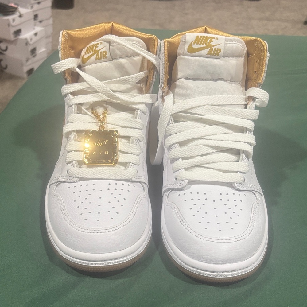 Nike White and Gold High-Top Sneakers with Gold Lace Charm